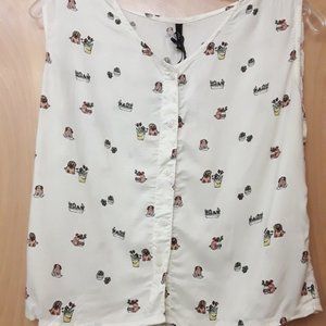 Puppy Flower Cactus Tropical Boho White Crop Button Boho Tank NWT S M B